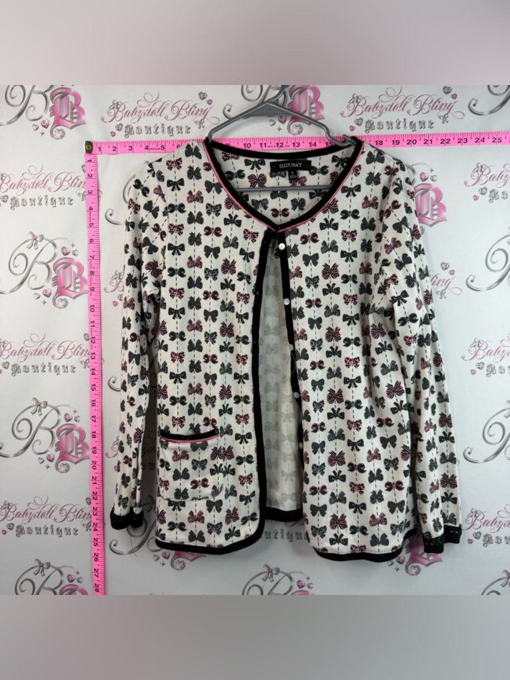Ellen Tracy Cardigan Jacket Cream with Black Trim and Pink Bow Accents